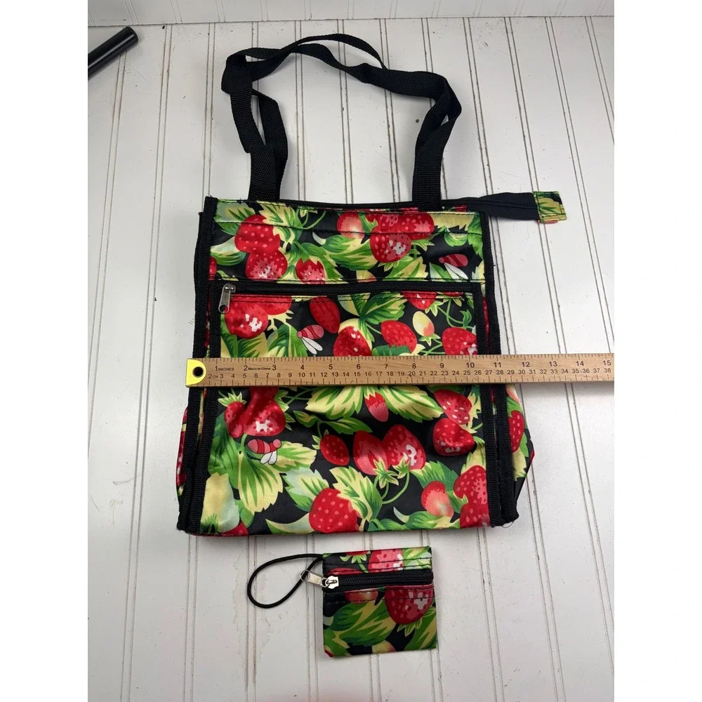 Vintage Y2K Strawberry Print Foldable Reusable Tote Shopping Bag with Coin Pouch